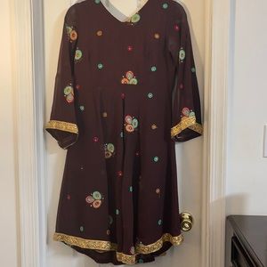 Brown shalwar and kamis with dupatta with thread embroidery and some crystal